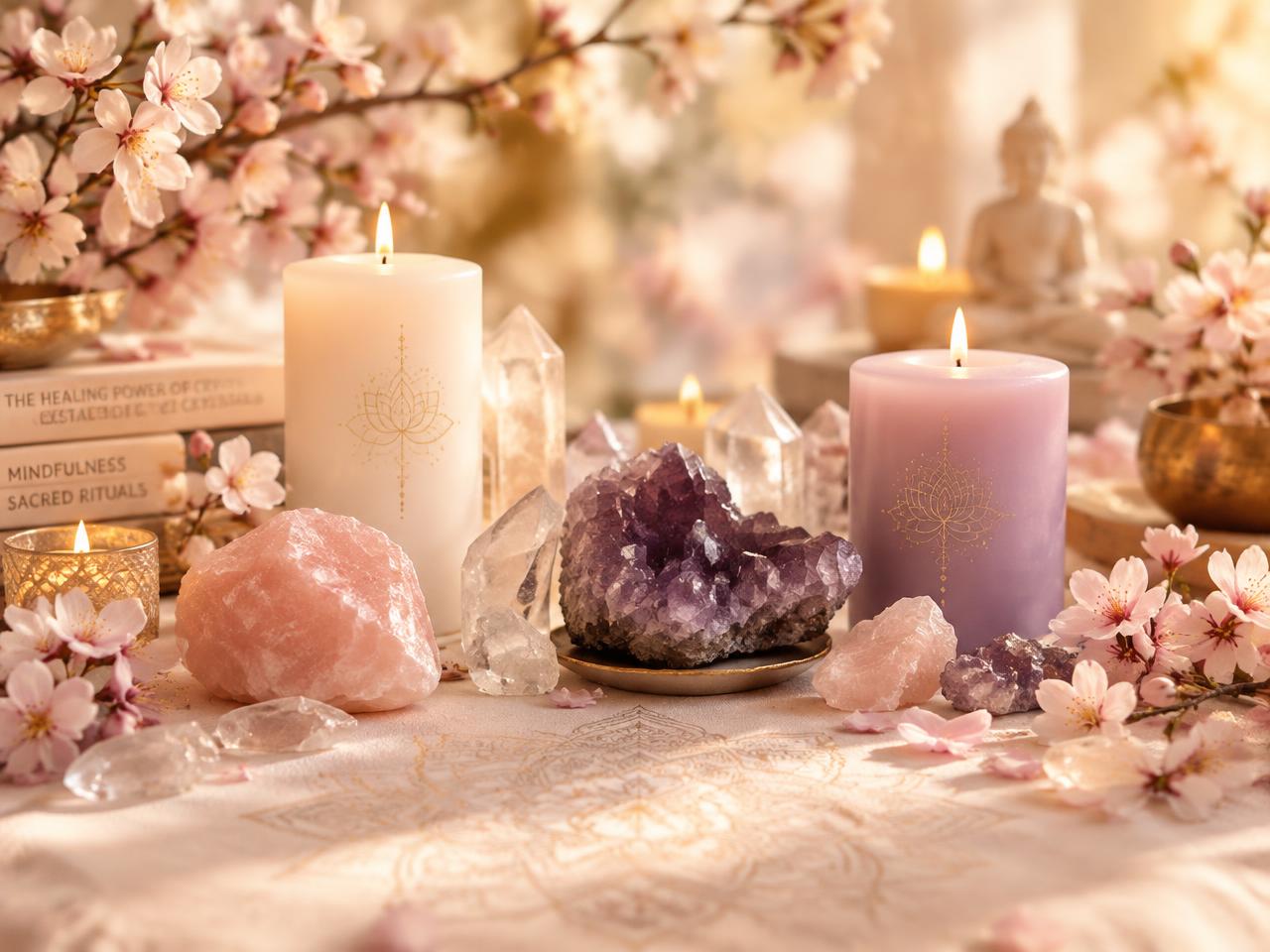 Velas, cuarzos y flores de cerezo en un espacio armonizado